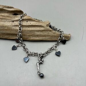 Enchanting Silver-Tone Fairy & Hematite Heart Charm Bracelet